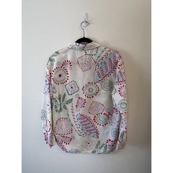 Zara Womens Linen Button Up Size S Rainbow Multicolor Floral Art to Wear Gypsy - Picture 3 of 8